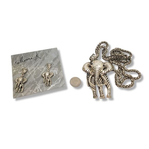Vintage Black Crystal Sterling Silver Plate African Elephant Pendant Earring set - Picture 2 of 8